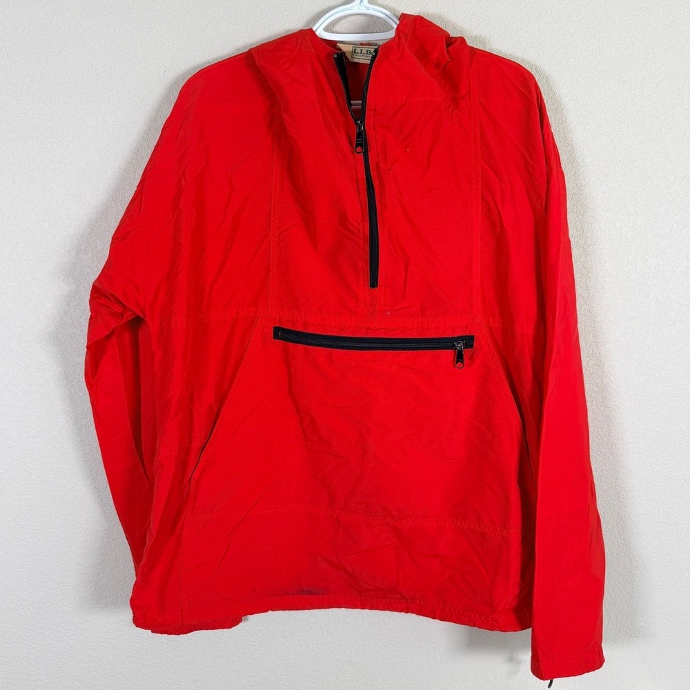 Vintage LL Bean Anorak Windbreaker Jacket Mens L Red 1/2 Zip Hooded Pullover
